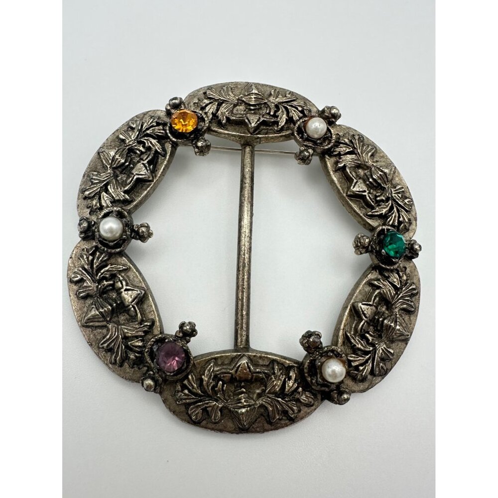 Vintage Scottish thistle silver tone rhinestones faux pearls buckle brooch pin - Picture 2 of 6